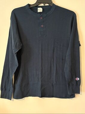 Y2K Champion Navy blue Ribbed Henley long sleeve shirt, 100% cotton Large